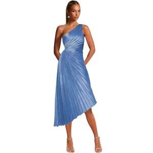 Formal satin ruched & pleated one shoulder blue dress Sz 12 wedding black tie